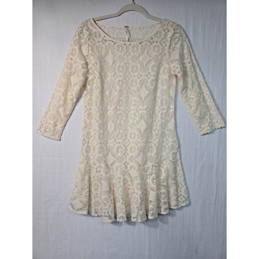 Free People Dress Women's 0 Ivory Mini Lace Boho Fairy 3/4 Sleeves Off White